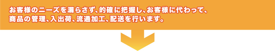 お客様のニーズを漏らさず、的確に把握し、お客様に代わって、商品の管理、入出荷、流通加工、配送を行います。